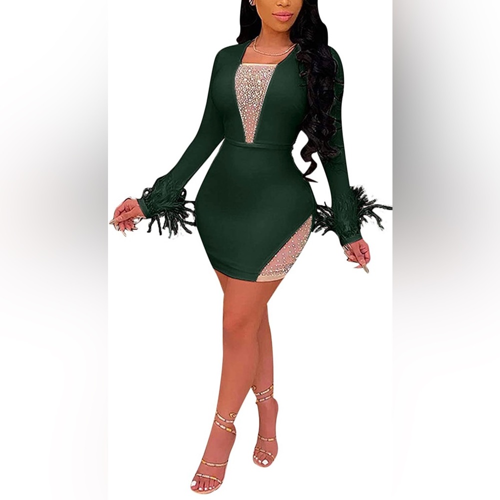 Mini Dress See-Thru Feather Bodycon Dress